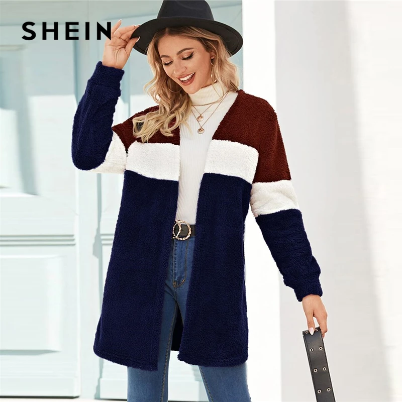 SHEIN разноцветное повседневное зимнее пальто с открытой передней частью, женская уличная одежда с длинным рукавом, Женская эластичная верхняя одежда с цветными блоками