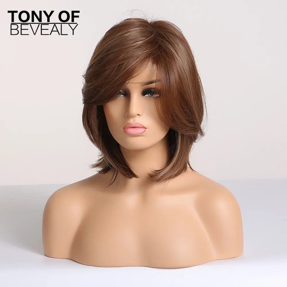 Короткий Боб коричневый прямые волосы боковая часть синтетические парики с