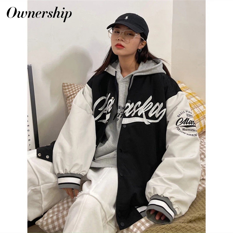 Women Baseball Coat Unisex Loose Letter Printed 2021 Spring Autumn Patchwork Female Bomber Jacket Handsome Hip Hop Vintage Tops