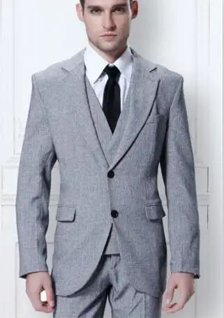 

2 Buttons Grey Tweed 3 Pieces (Jacket+Pant+Vest+Tie) Wedding Men Suit Custom Made Prom Masculino Trajes De Hombre Blazer