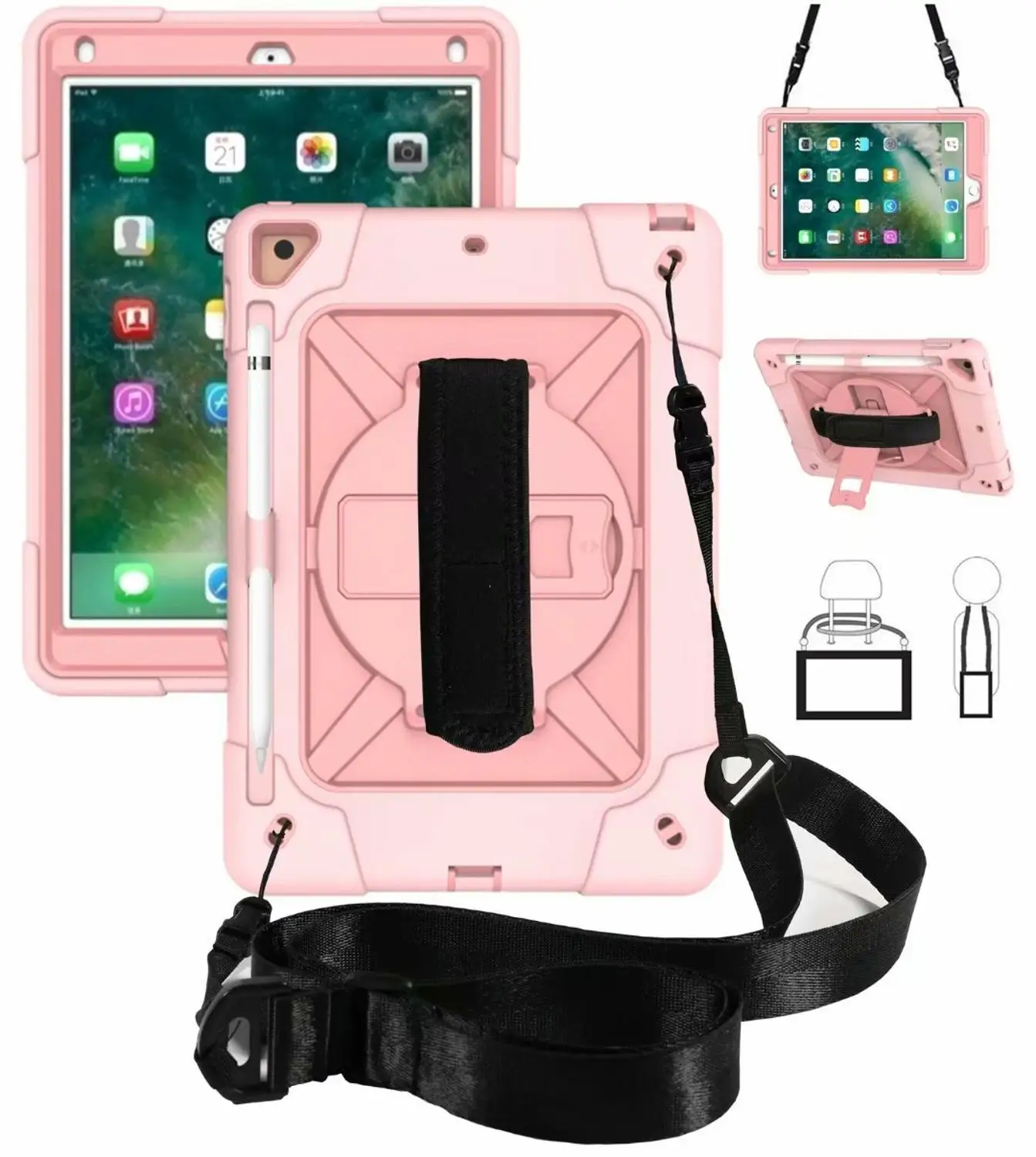 pink gold Чехол для Apple, iPad 9,7 6-го поколения, планшет A1822 A1893, безопасный противоударный защитный чехол, ремешок на руку и шею - Цвет: pink gold