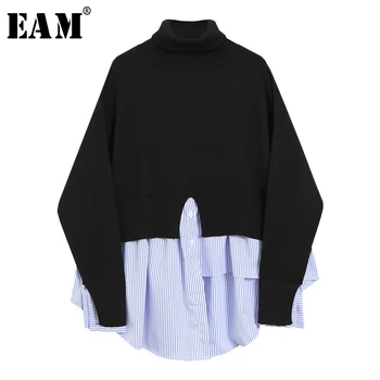 

[EAM] Striped Irregular Knitting Sweater Loose Fit Turtleneck Long Sleeve Women Pullovers New Fashion Autumn Winter 2020 1Y231