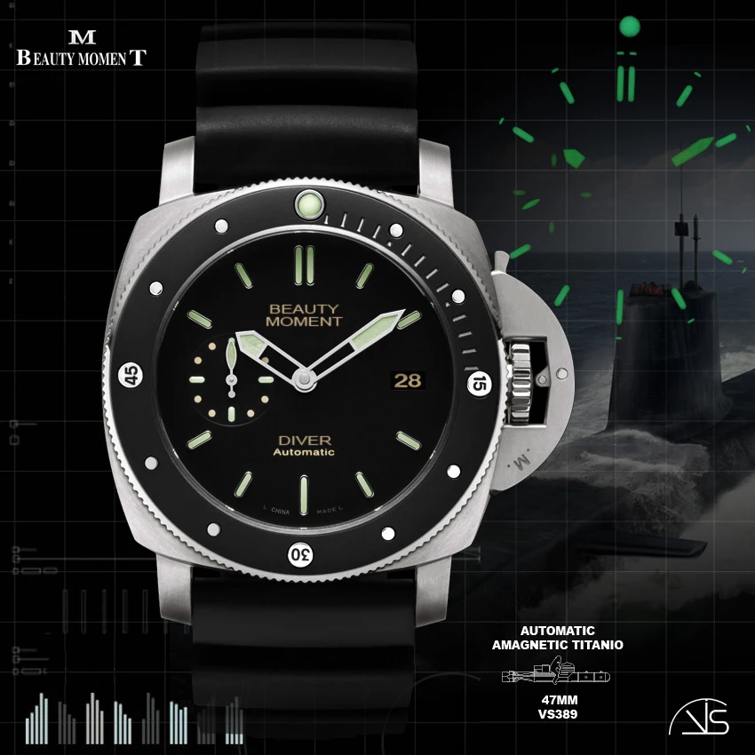 

PAM389 VSF Ceramic Titanium Luminous Diving Bridge P.9000 Automatic Mechanical on Black Rubber Strap Men's Watch