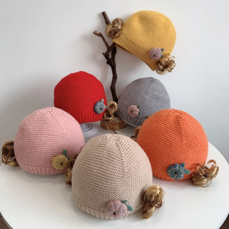 New Baby Princess Wig Knit Hat Infant Toddler Autumn Winter Knitted Caps for Children Warm Wool Beanie Hats Accessories | Детская одежда