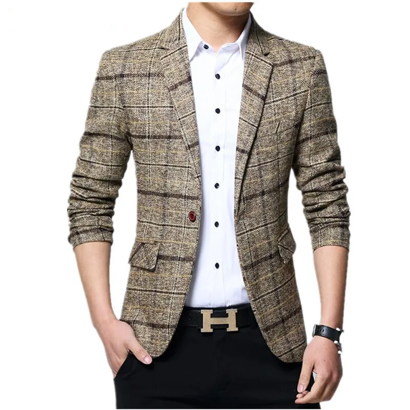 Мужской пиджак, новинка, брендовая одежда, пиджак, мужской клетчатый шерстяной пиджак, Модный деловой приталенный мужской повседневный блейзер