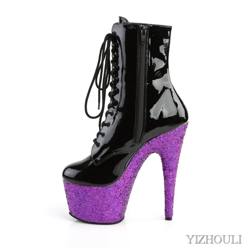 Pole dancing performance, flash material bag with waterproof platform, 15cm high ankle boots, sexy model dancing shoes