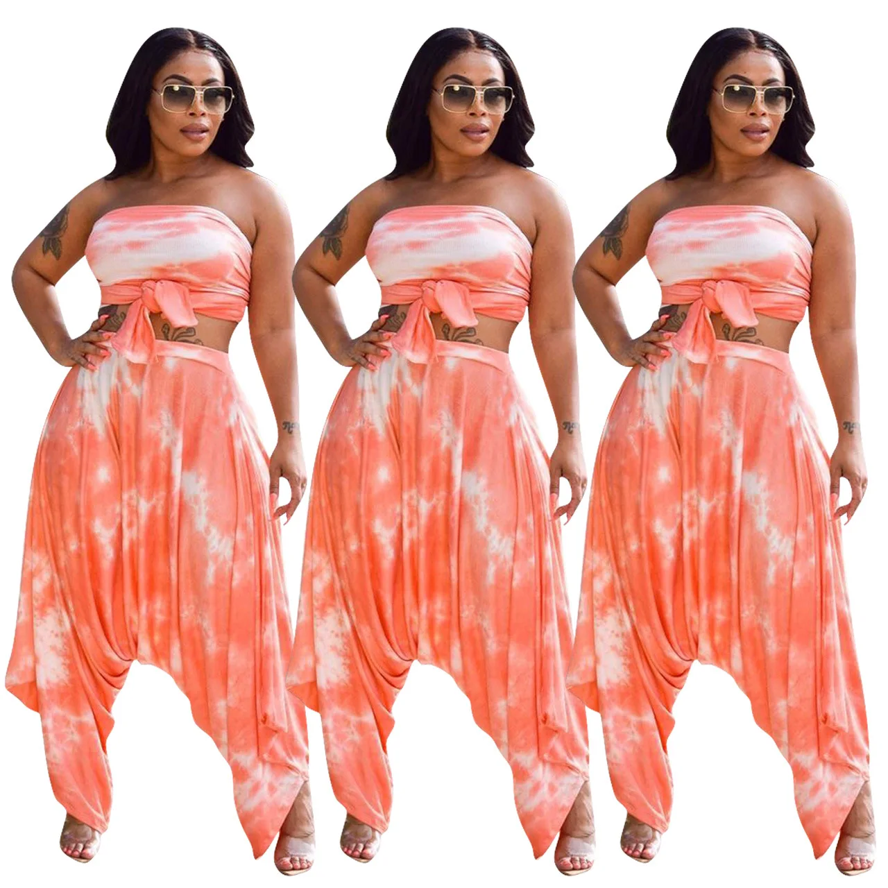 

2020 Summer Women Suit Hot Style Model Fashion Strapless Tops & Pleated Pants European And American Sexy Two Piece Set