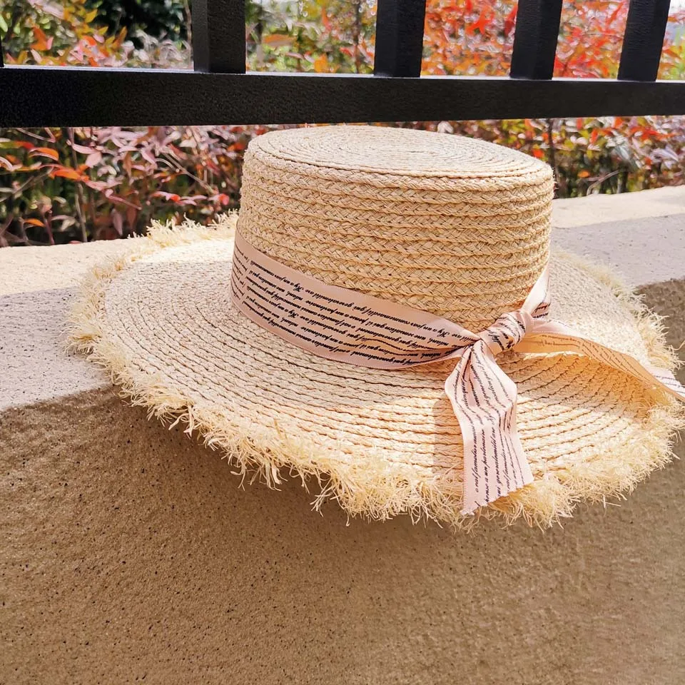 Ручная работа, женские солнцезащитные шапки Raffia, летняя женская Солнцезащитная соломенная шляпа, пляжная шляпа, складная шляпа с 6 цветами, лента с буквами