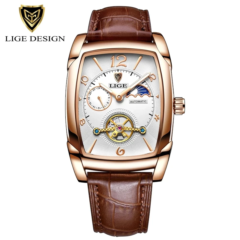 LIGE Mens Watches Square Automatic Watch Men Tourbillon Clock Genuine Leather Waterproof Mechanical Watch