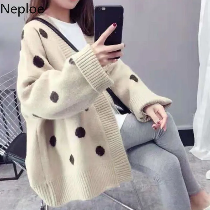 Neploe Корейский темперамент дикий горошек открытый стежка Femme V шеи свободный Hiver толстый кардиган элегантный дизайн новости пальто 45670