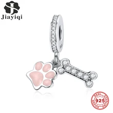 Jiayiqi, S925, розовая лапа, принт кости, 925 пробы, серебро, CZ, подвески, бусины, подходят для женщин, Pandora, браслет, сделай сам, хорошее ювелирное изделие