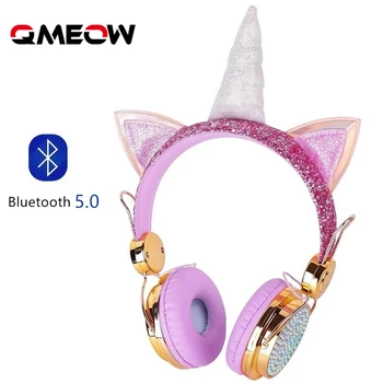 

Bluetooth Golden Cute Unicorn Headphones Wireless Girls Kids Cartoon Stereo Headset Microphone Learning Headset for iOS/Android