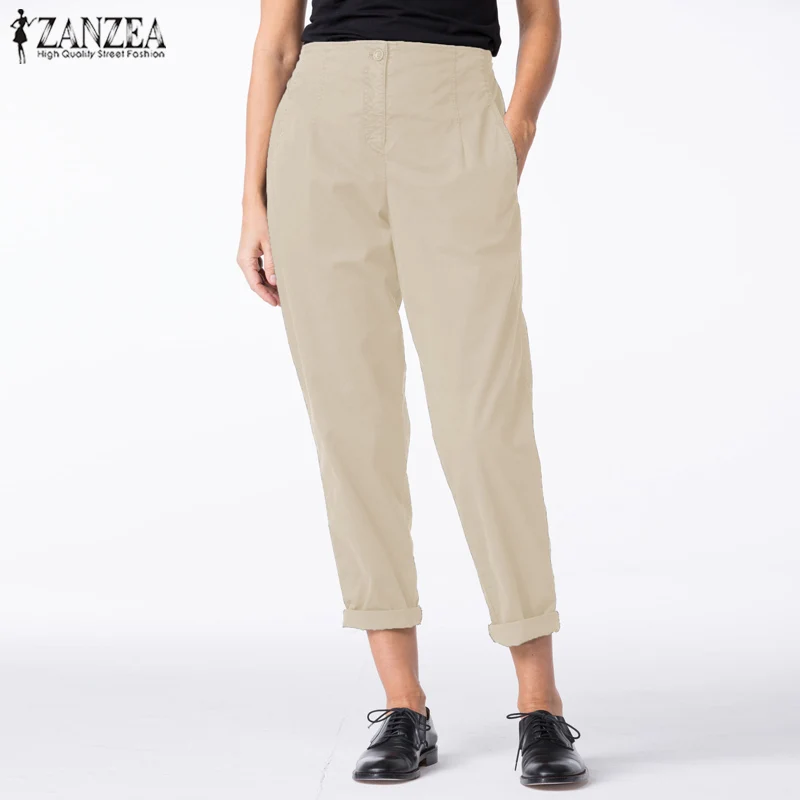 Модные офисные женские рабочие брюки ZANZEA длинные брюки свободные карманы Pantalones Mujer однотонные уличные элегантные женские брюки