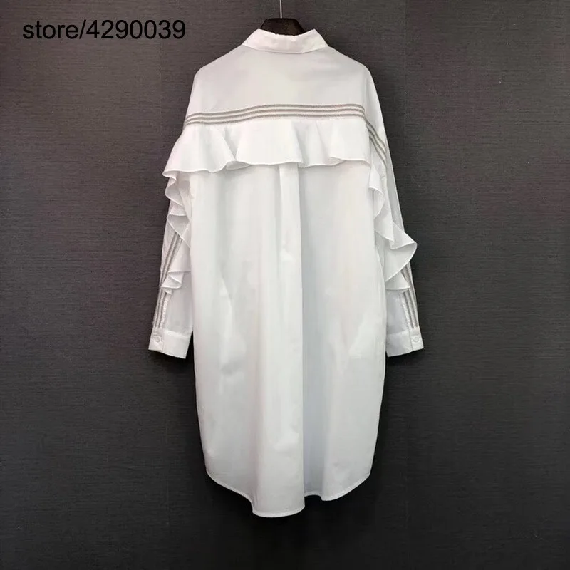 blusas mujer de moda new women's fashion white long shirt celebrity ruffles lapel long-sleeved rinestone loose shirt