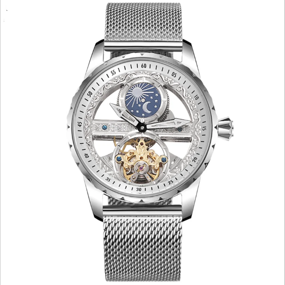 Полностью автоматический механизм полые мужские tourbillon из нержавеющей стали водонепроницаемые подарочные часы