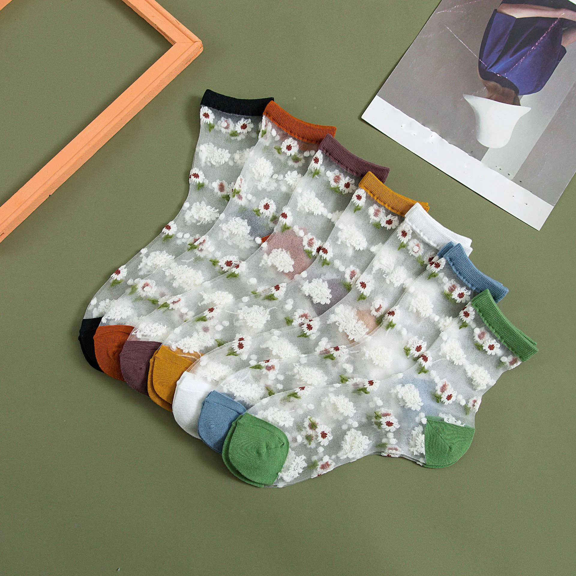 

1Pair Flower Transparent Short Socks For Women Girl Lady Colorful Floral Mesh Elastic Summer Ankle Socks