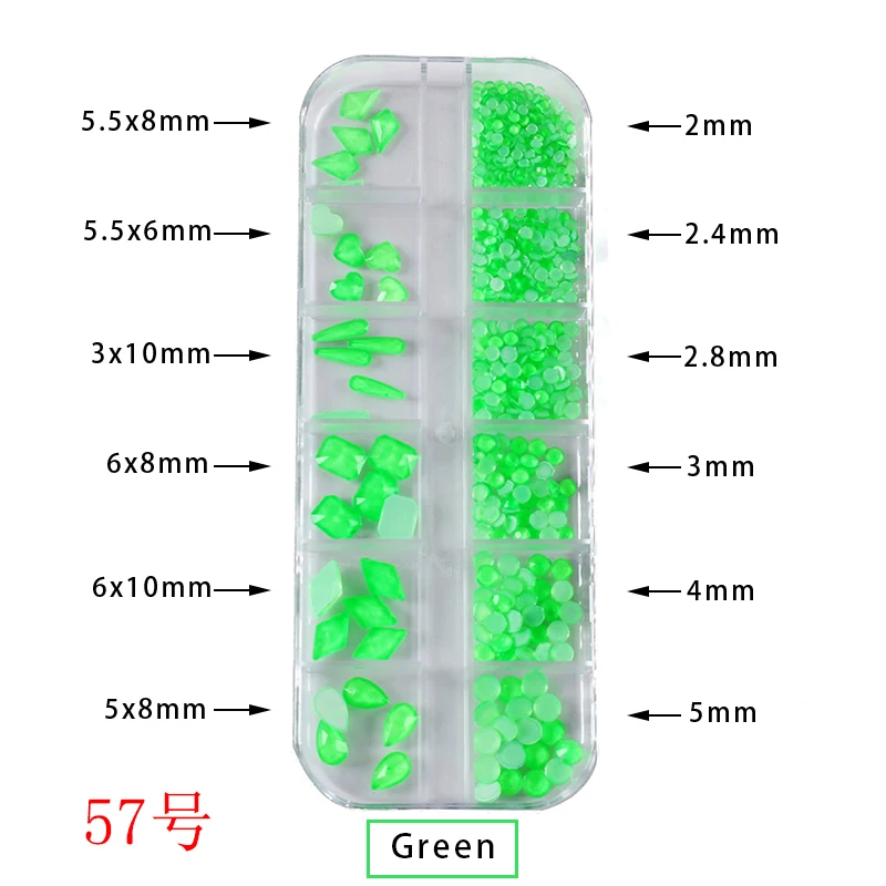NO.57 Green mix 12Grids Mix shape Fluorescence Nail rhinestone Flatback Glass Round Nail Art Rhinestone 3D Glitter Diamond Jewelly stone - Color: NO.57 Green mix