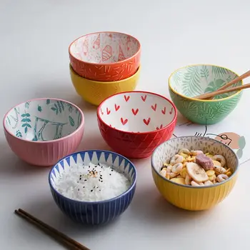 

Non-slip Embossed Noodle Bowl Ceramic Tableware Bowls 4.5 Inch Japanese Style Colorful Pattern Soup Bowls Set for Rice