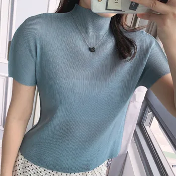 

Summer Tops For Female 45-75kg 2020 New Stand Collar Short Sleeved Solid Colour Loose Casual Miyake Pleated T-Shirts Women