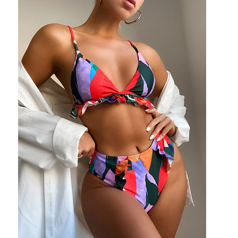 Сексуальные бикини с оборками Для женщин геометрическим принтом купальник Beachsuit