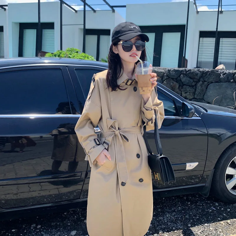 

Trench Coat Women's Mid-length Short-height 2019 Spring And Autumn New Style Korean-style Loose-Fit England Khaki Coat Slimming