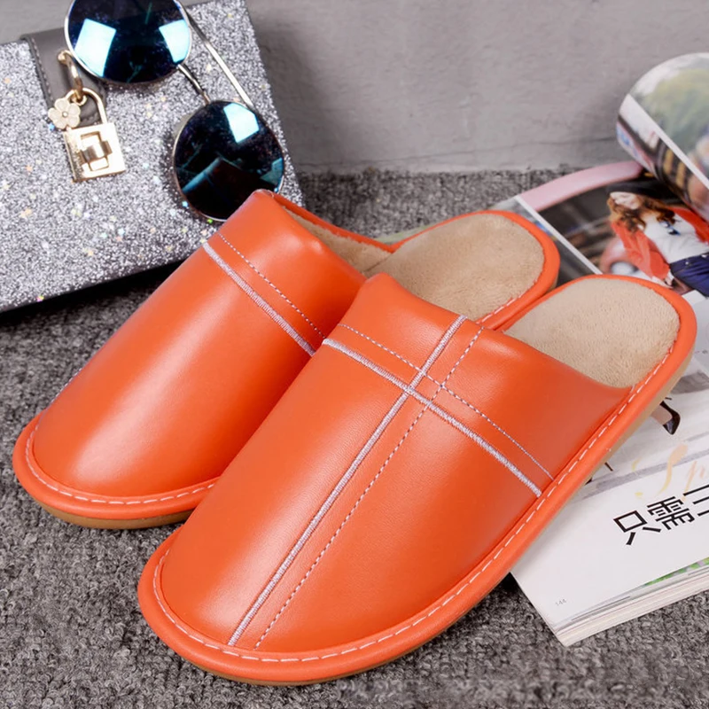 

Waterproof Women's Slippers for Home Winter Warm Leather Slippers Short Plush Soft Slippers PVC Non-slip Woman Shoes
