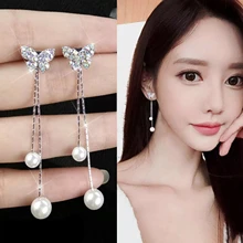  Long Dangle Earrings for Women 2022 Fashion Full Crystal Simulated Pearl Tassel Drop Earring Vintage Gold Brincos Jewelry 