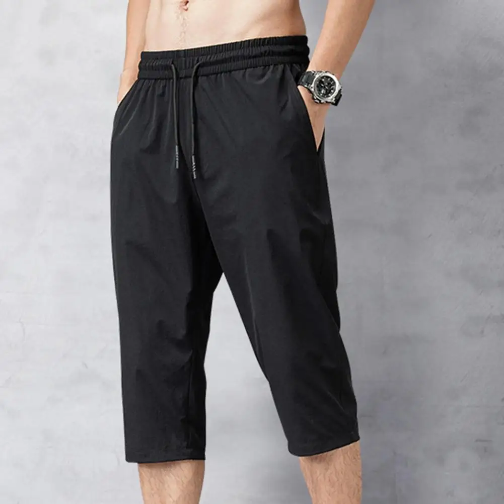 2021 Stylish Male Solid Color Capri Pants Elastic Waist Men Drawstring 3/4 Length Cropped