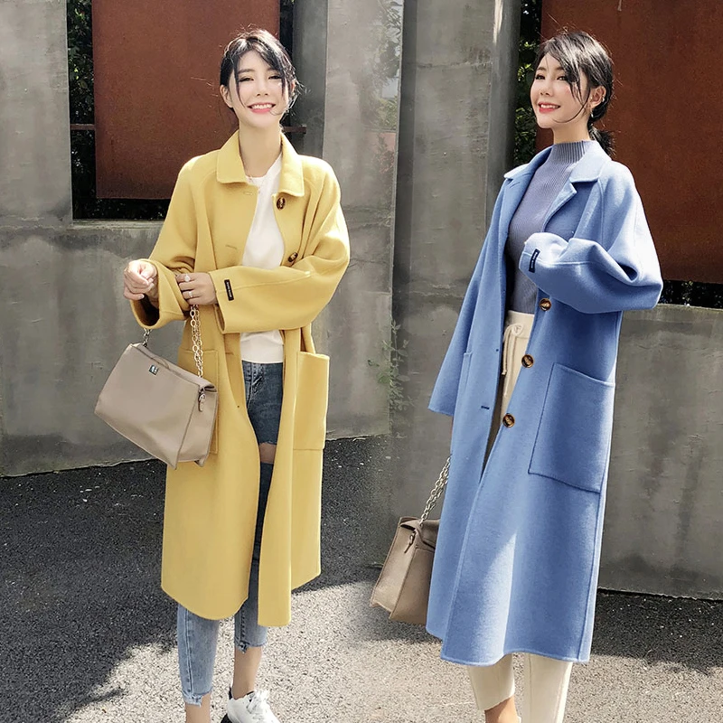 

Yellow Woolen Coat Female Long Section Korean New Pocket Button Clothes Autumn and Winter Popular Woolen Coat Blue Black