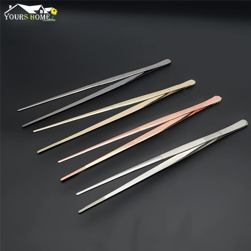 30cm Silver/Copper/Gold/Black Stainless Steel Kitchen & Bar Tweezer Food Tongs Kitchen Cooking Medical Tweezers 4pcs bamboo food clip toaster salad cake tea tweezer clamp tongs cooking tool