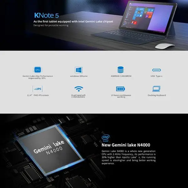 Gemini Lake N4000 11,6 дюймов Win 10 pc планшет 4 Гб ОЗУ 128 Гб ПЗУ двухъядерный 2,6 ГГц Knote5 Молодежная версия