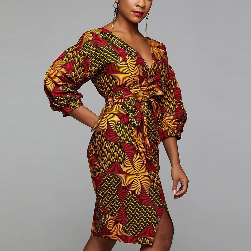 Fadzeco африканские платья для женщин Дашики Базен Анкара Платье Африканский принт с длинным рукавом сексуальное платье миди с v-образным вырезом рождественское платье
