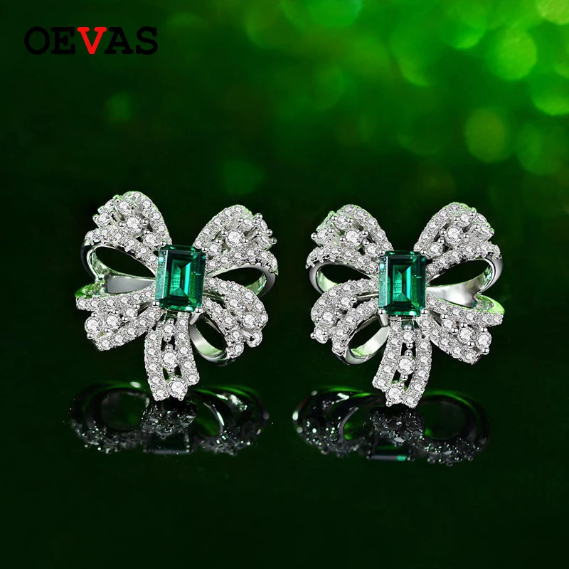 

OEVAS Solid 925 Sterling Silver 5*7MM Emerald Stud Earrings for women Luxury Full High carbon Diamond Bow-knot Earrings Jewelry
