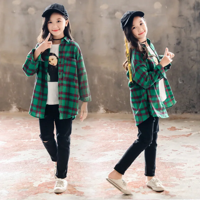 Teenage Girls Green Plaid All-match Cotton Long Shirt Fall