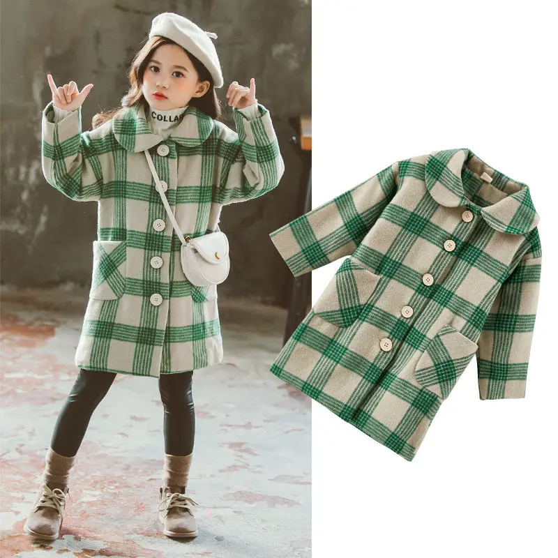 

Kids Winter Woollen Jacket for Girls Pink Green Plaid Velvet Blend Jacket Coat Teenager Wool Outerwear Coat Age 13 to 4 Years
