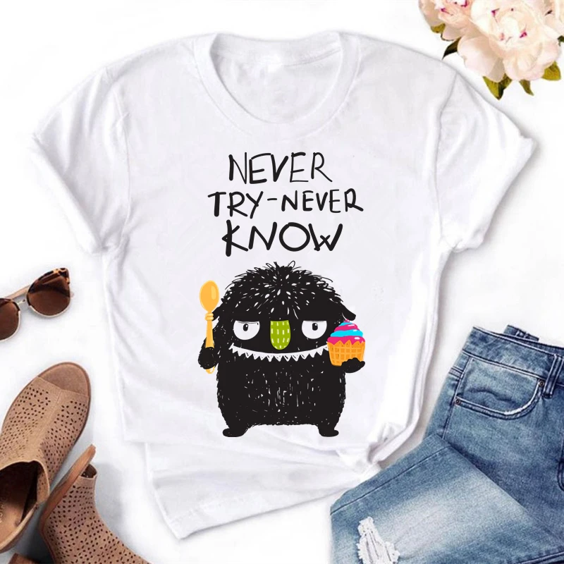 

NEVER TRY-NEVER KNOW Cartoon Print Women t shirt Summer Short Sleeve Funny t-shirt Cute White Casual Female Tops HH331