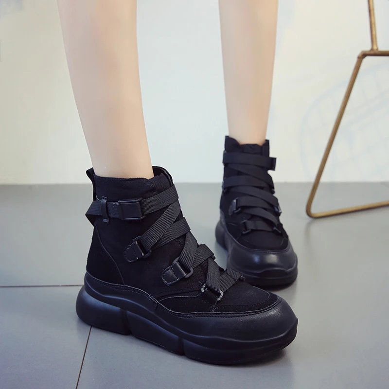

2019 New Arrival Canvas Ankle Boots For Women Hook Loop Platform Boots Fashion Punk Black Boots Flat Shoes Winter Boots