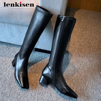 

Lenkisen hot equestrian boots real leather handmade square toe thick med heel zipper beauty girls daily wear knee-high boots L20