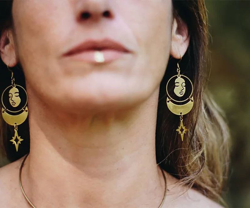 Pendientes de cara, Luna y Estrella, pendientes de aro grandes con abstractas, pendientes de arte Pop, joyería Celestial, pendientes de diosa| Pendientes con forma de gota| - AliExpress