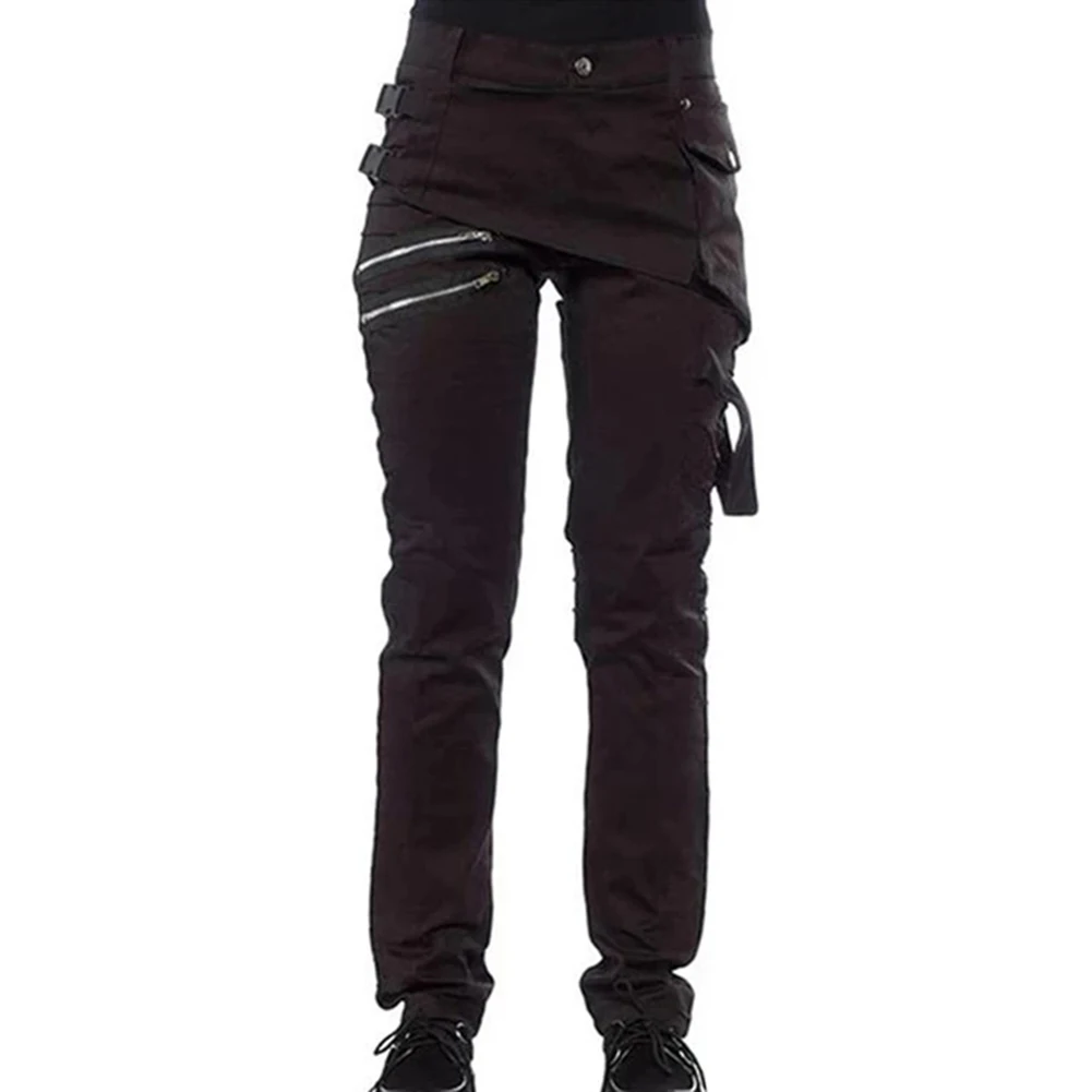 Женские готические брюки на молнии с карманами и заклепками, брюки в стиле стимпанк, модные осенне-зимние штаны в стиле хип-хоп рок для девушек размера плюс К2 - Цвет: Черный