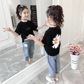 

2020 New Summer Girl Clothing Sets Fashion Daisy Print Short Sleeve T-Shirt + Jeans Big Kids Casual Two-piece Suit 3-14 Years
