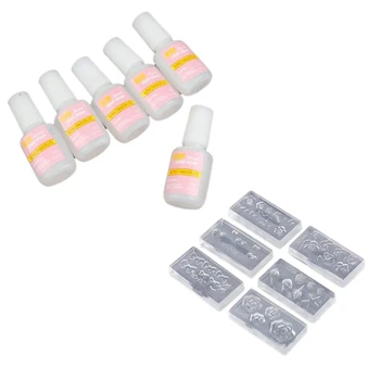 

6Pcs French Acrylic False Tips Glitters Nail Art Glue & 6Pcs Fashion Durable 3D Silica Gel Mold for Nail Art DIY Decoration Desi