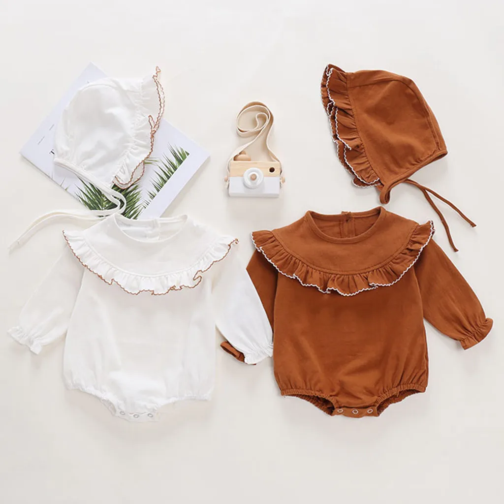 Малыш новорожденный младенец для маленьких девочек боди Ruched Ruffles Твердые боди шляпа детская одежда комбинезон наряды Боди для младенцев
