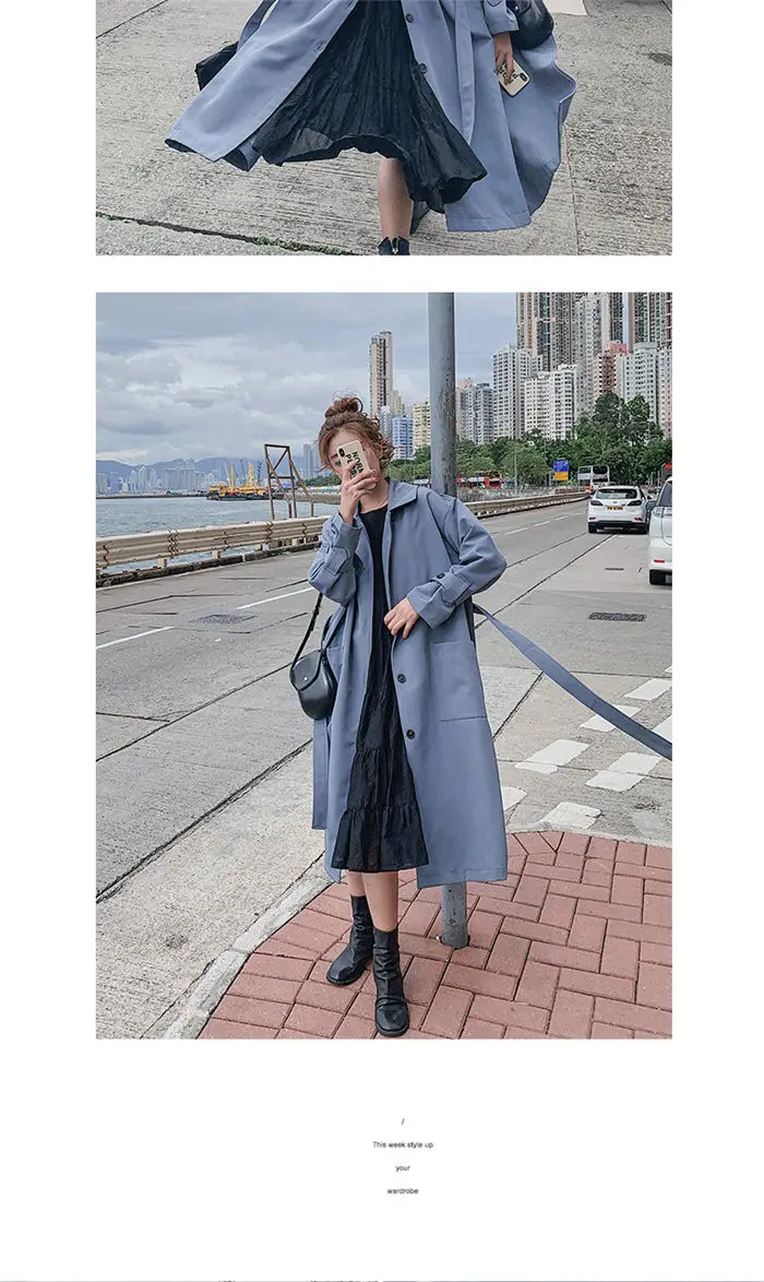 Ветровка женская осень новая популярная британская ветровая свободная Корейская повседневное длинное пальто с поясом сзади однобортная верхняя одежда f1706