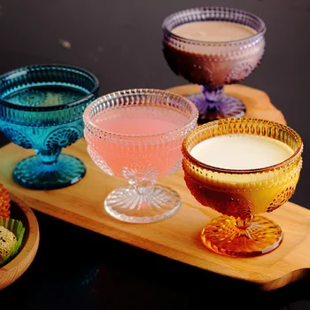 

European Glass Bowl Retro Embossed Color Sun Flower Pattern Bowl Ice Cream Cup Dessert Salad Glass Bowl Milk Cup Decoration200ml