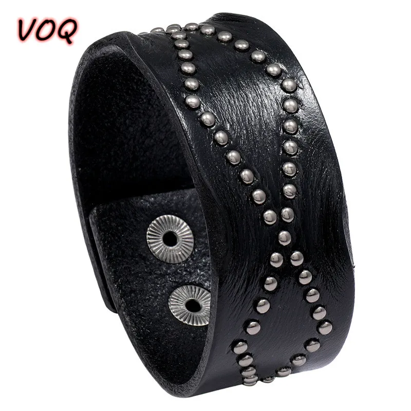 Bracelet Jewelry VOQ Punk Style Retro Design Genuine Leather Wide Wristband Rivet Collocation Button Unisex