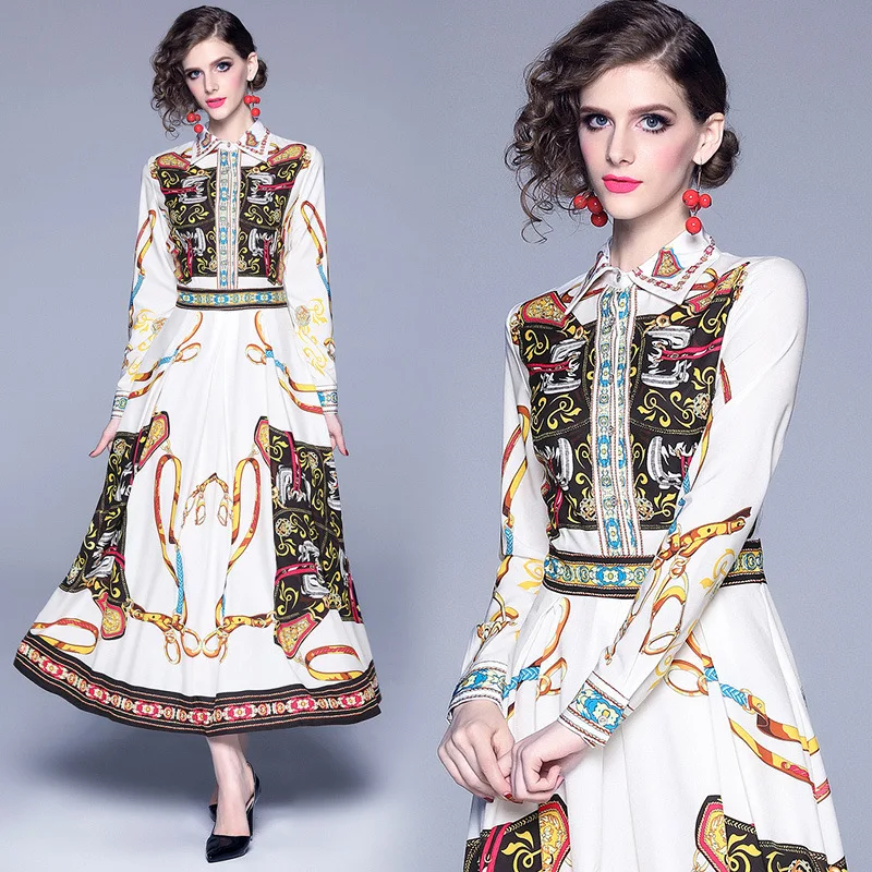 

3269 New Style French Vintage Printed Slim Fit Slimming Long Sleeve Western Style Dress Europe And America