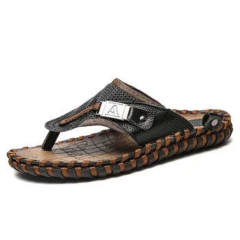 

New Brand Summer Men's Slippers Sandals Casual Shoes Moccasins Genuine Leather Rome Beach Sandals Men Metal Flip Flops Slippers