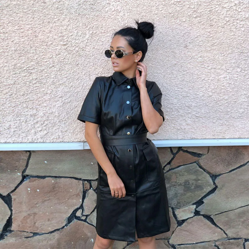 Женское винтажное платье из искусственной кожи на пуговицах с коротким рукавом и