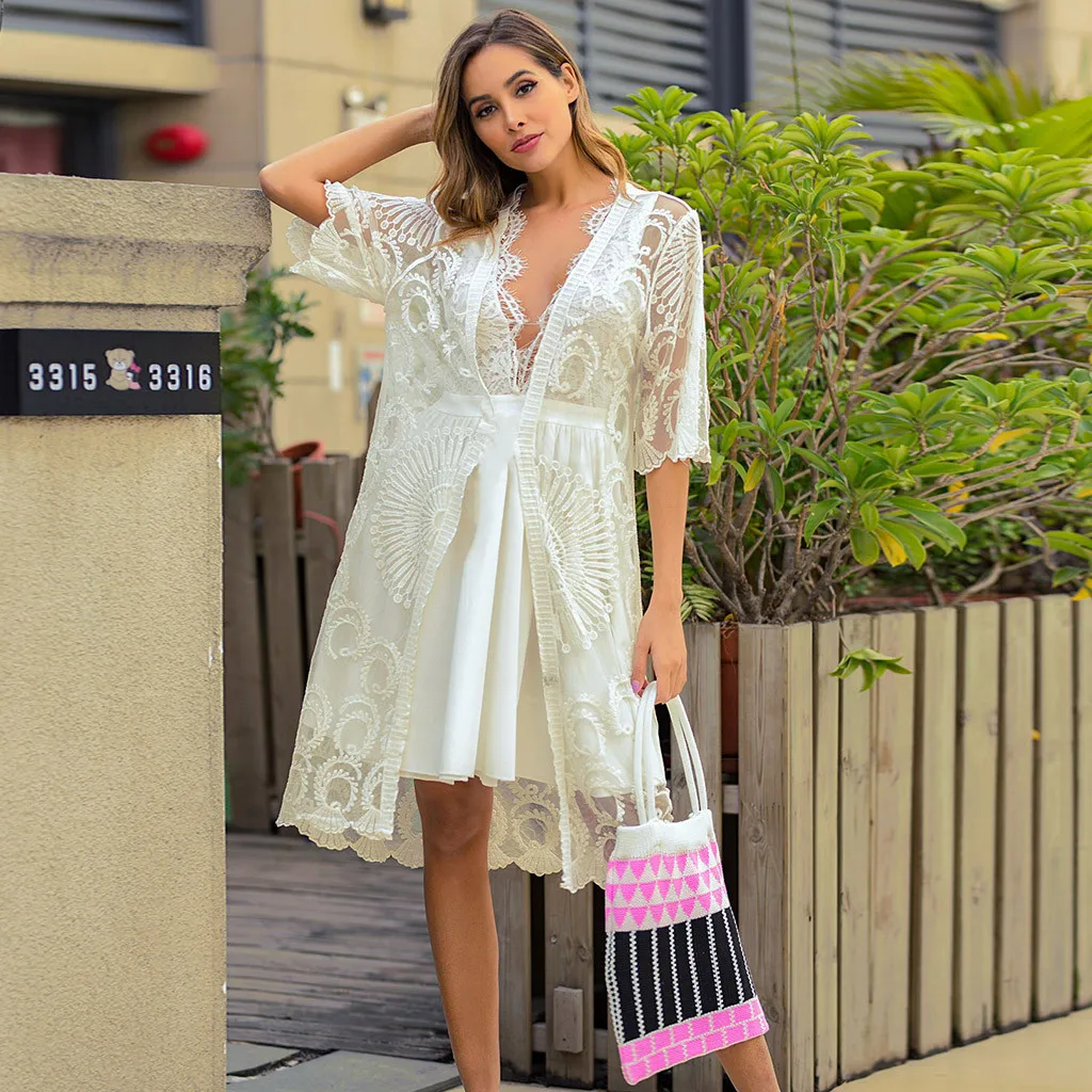 Boho Для женщин бахрома кружевное кимоно, кардиган, белый Ленточки Пляжная накидка Топы Блузки damen bluze ванный комплект Cover Up# C
